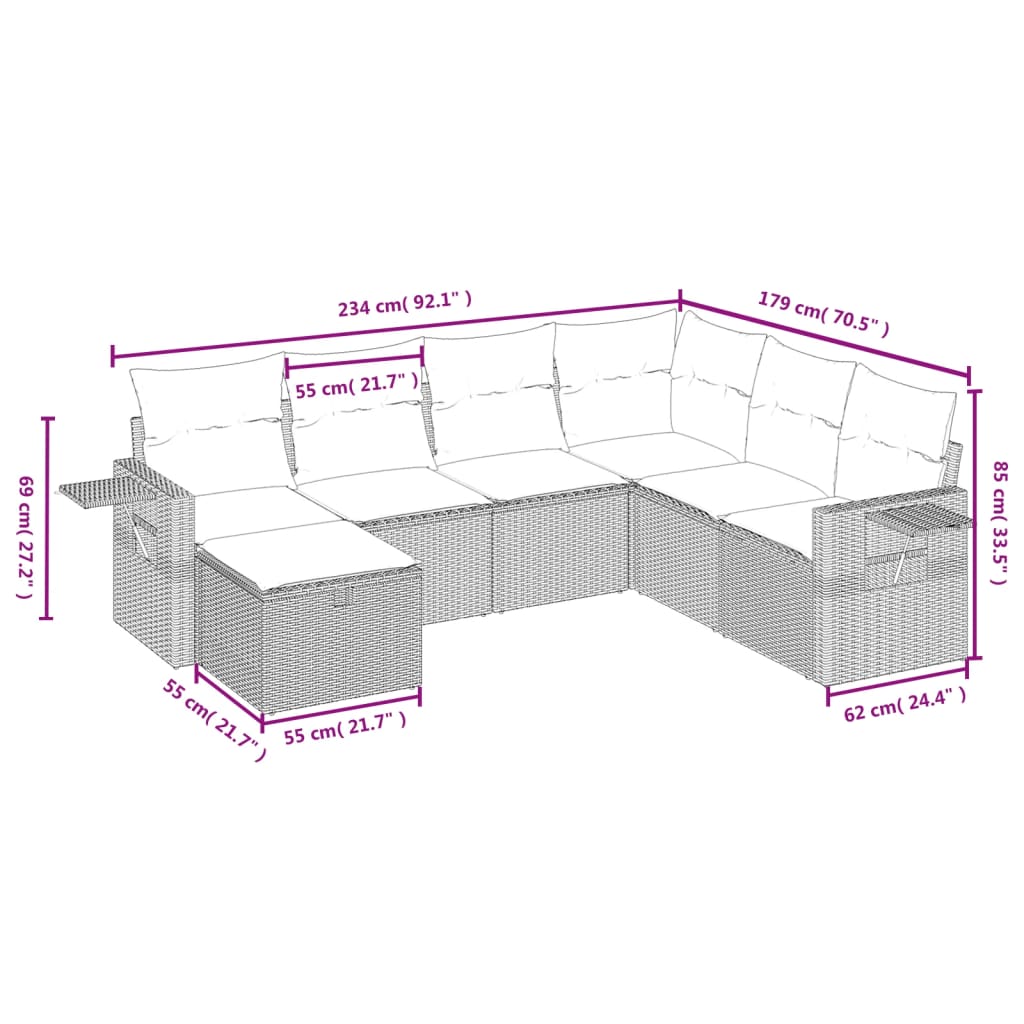 7-tlg. Garten-Sofagarnitur mit Kissen Braun Poly Rattan