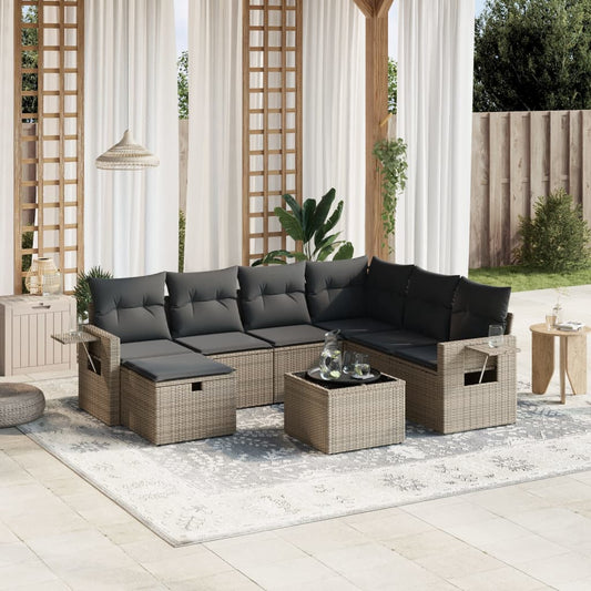 8-tlg. Garten-Sofagarnitur mit Kissen Grau Poly Rattan