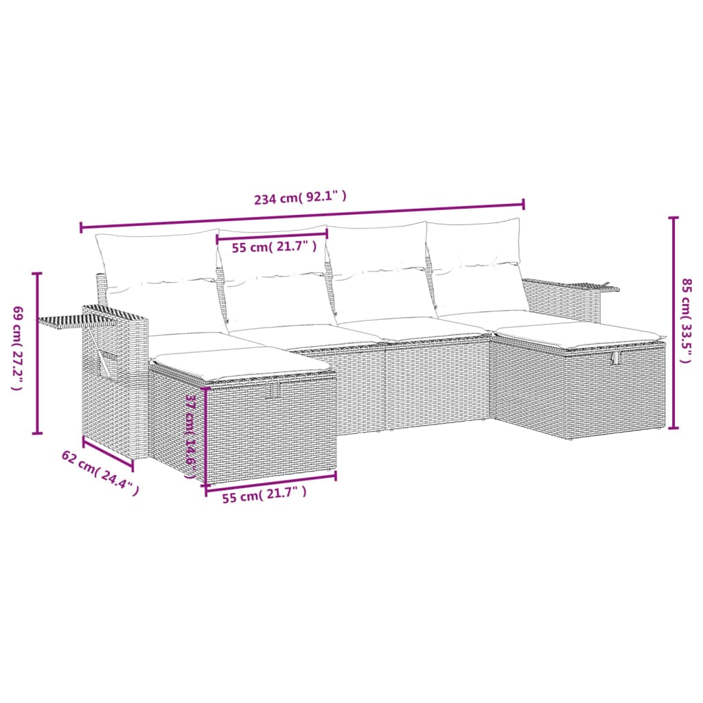 6-tlg. Garten-Sofagarnitur mit Kissen Schwarz Poly Rattan