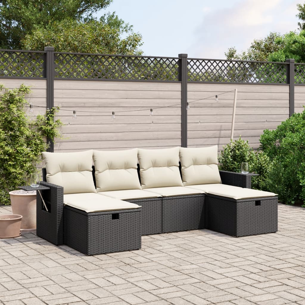 6-tlg. Garten-Sofagarnitur mit Kissen Schwarz Poly Rattan