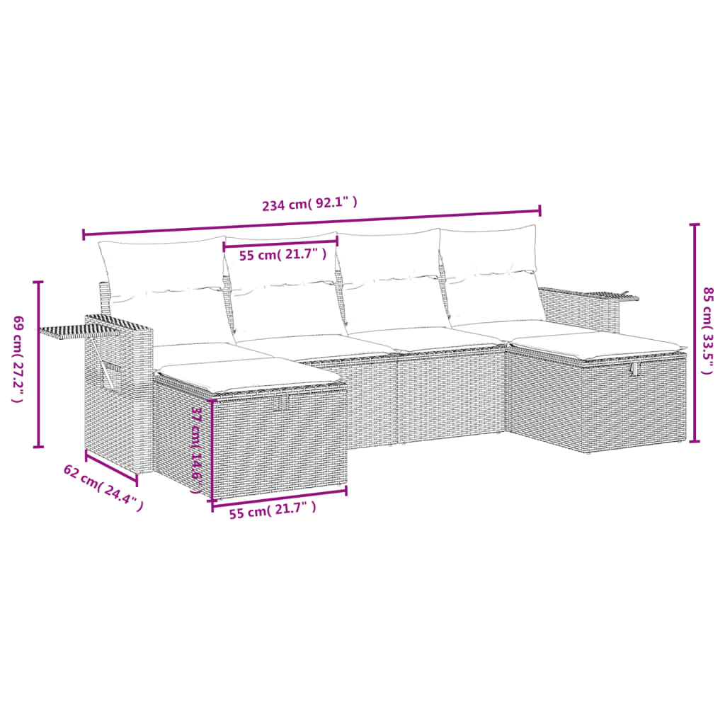 6-tlg. Garten-Sofagarnitur mit Kissen Braun Poly Rattan