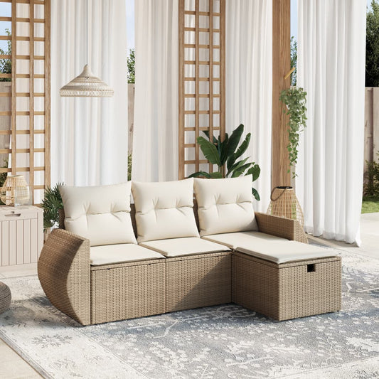 4-tlg. Garten-Sofagarnitur mit Kissen Beige Poly Rattan
