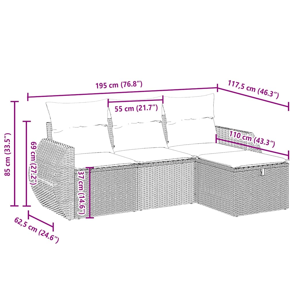 4-tlg. Garten-Sofagarnitur mit Kissen Hellgrau Poly Rattan