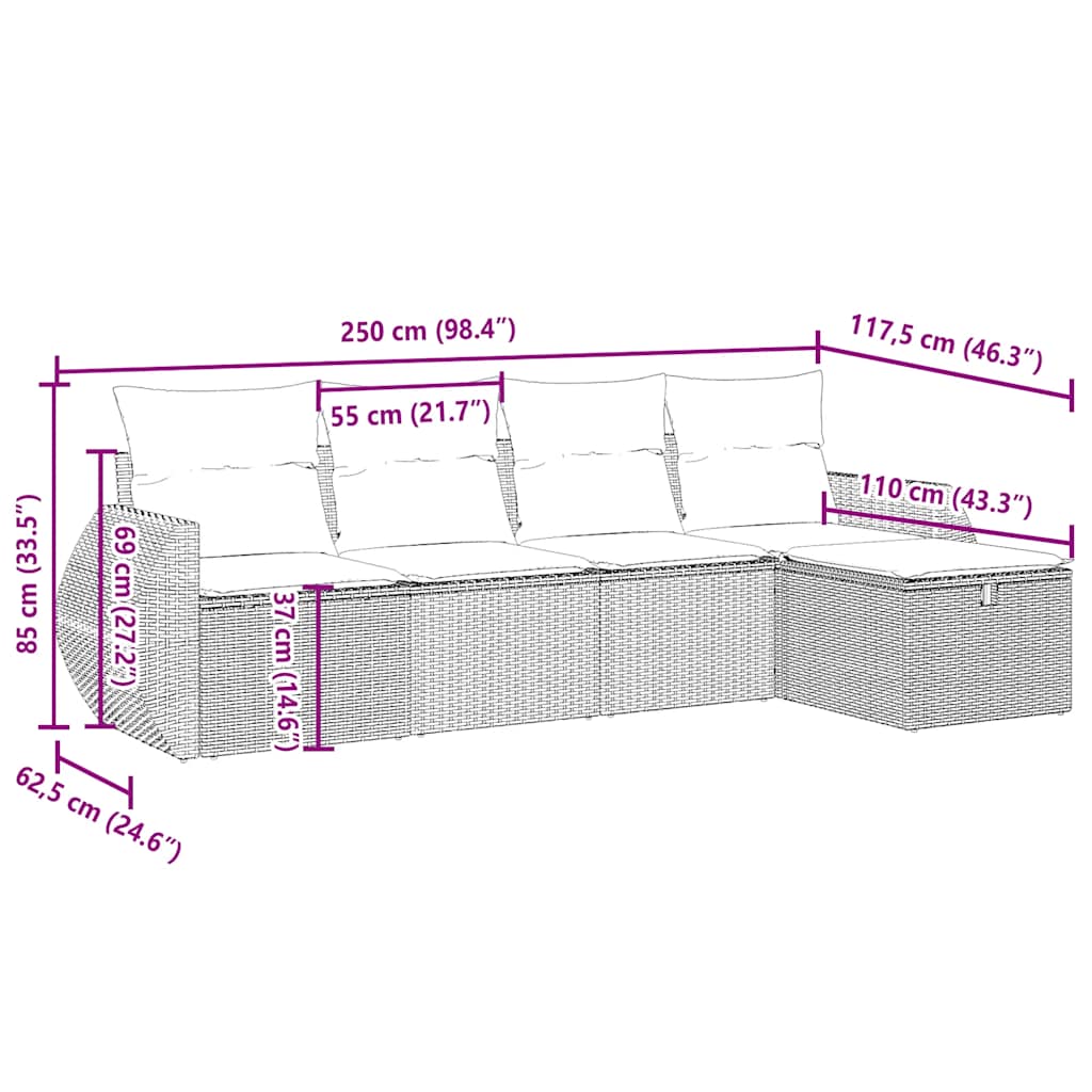 5-tlg. Garten-Sofagarnitur mit Kissen Hellgrau Poly Rattan