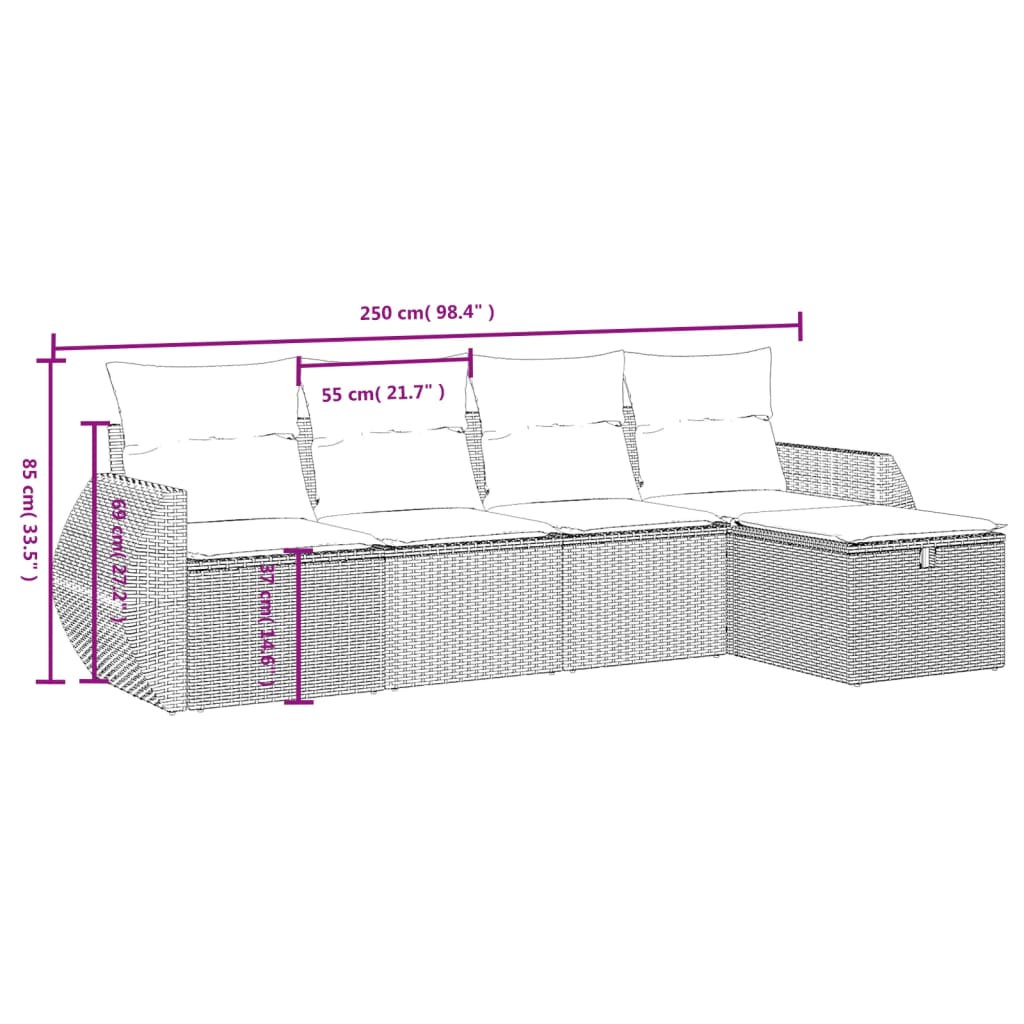 5-tlg. Garten-Sofagarnitur mit Kissen Braun Poly Rattan