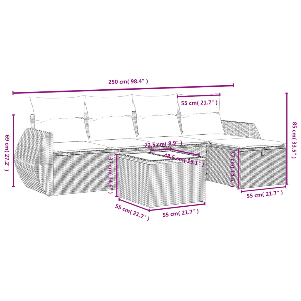 6-tlg. Garten-Sofagarnitur mit Kissen Schwarz Poly Rattan