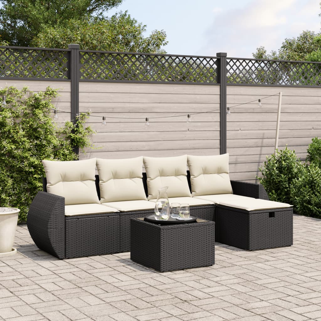 6-tlg. Garten-Sofagarnitur mit Kissen Schwarz Poly Rattan