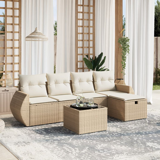 6-tlg. Garten-Sofagarnitur mit Kissen Beige Poly Rattan