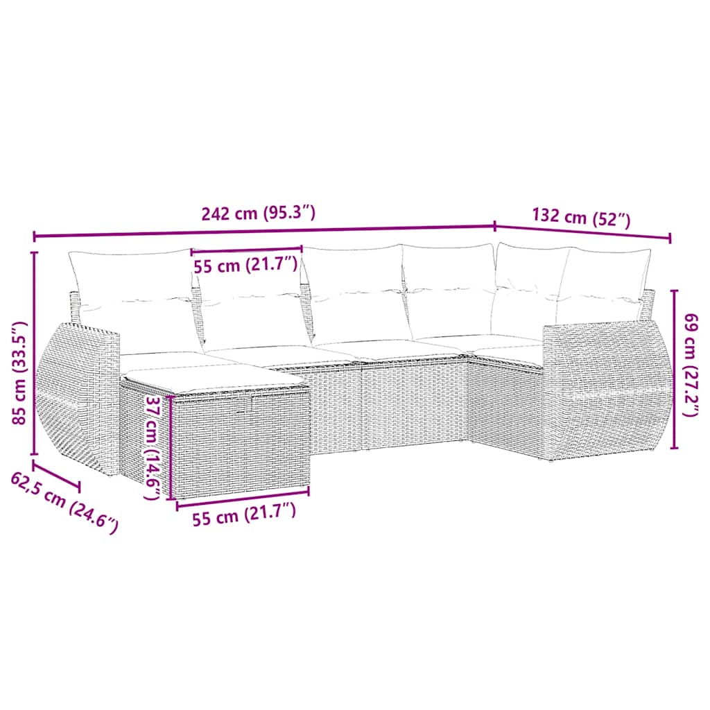 6-tlg. Garten-Sofagarnitur mit Kissen Hellgrau Poly Rattan
