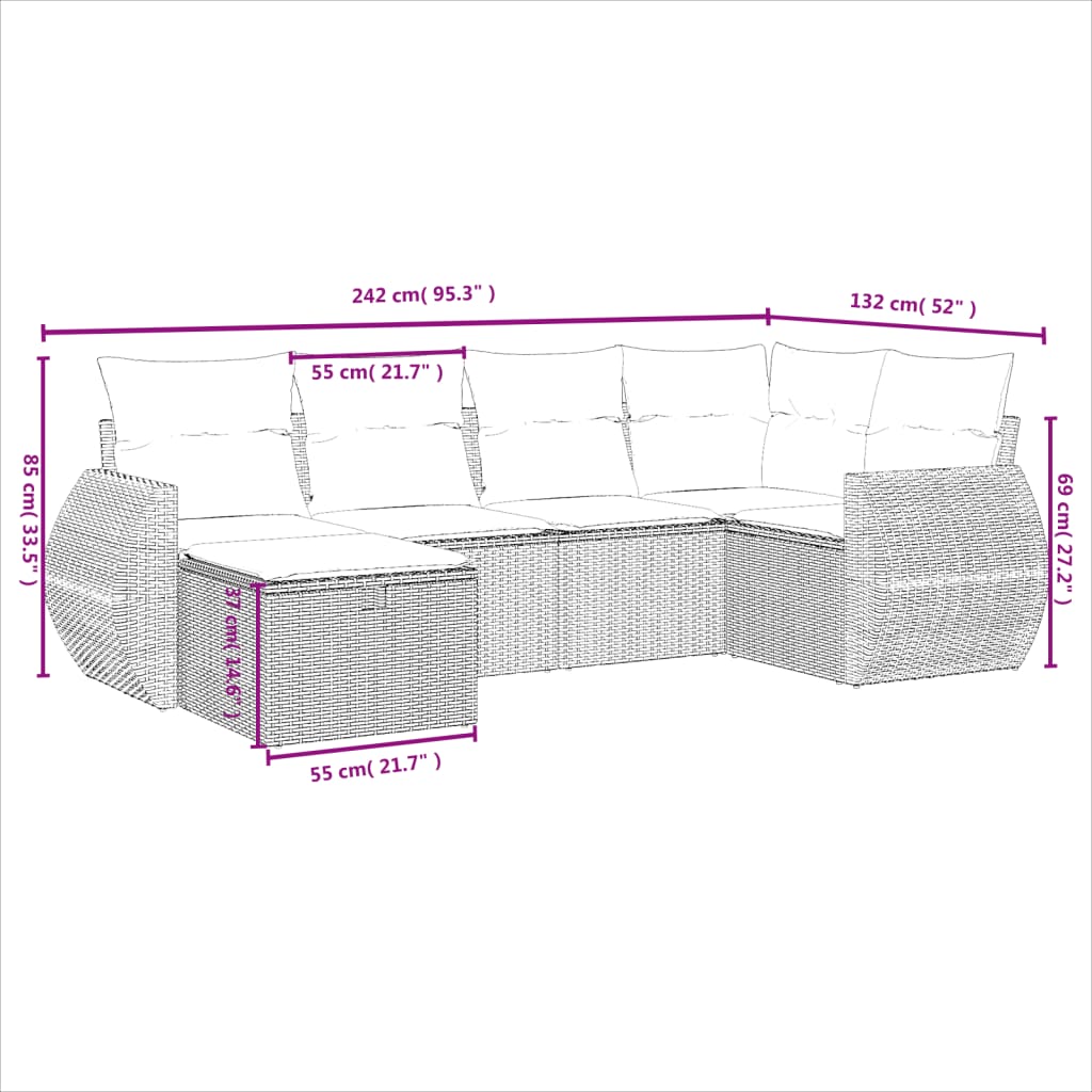 6-tlg. Garten-Sofagarnitur mit Kissen Braun Poly Rattan