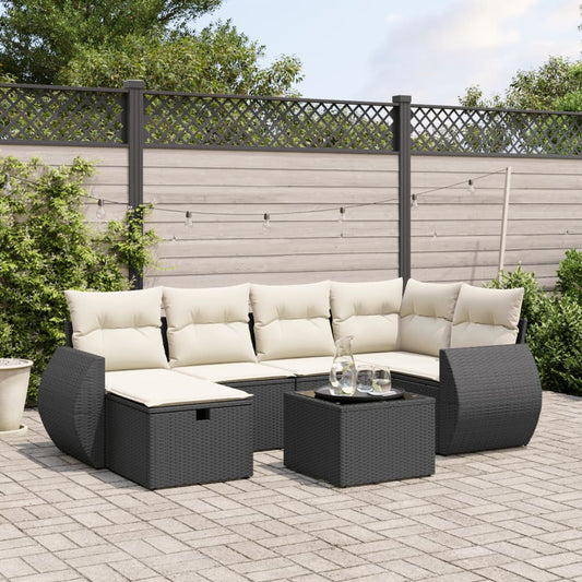 7-tlg. Garten-Sofagarnitur mit Kissen Schwarz Poly Rattan