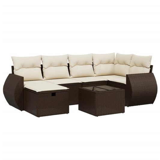 7-tlg. Garten-Sofagarnitur mit Kissen Braun Poly Rattan