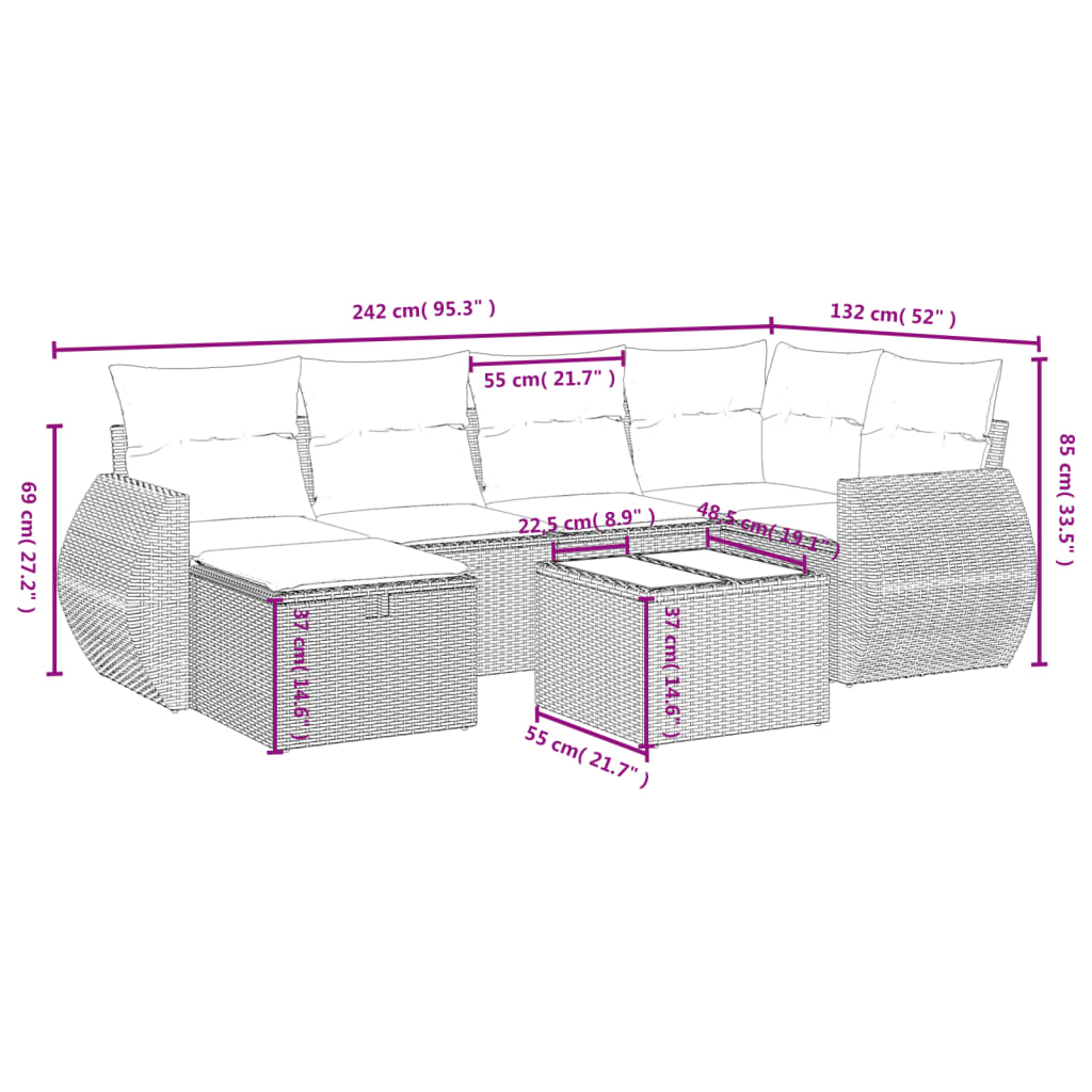 7-tlg. Garten-Sofagarnitur mit Kissen Braun Poly Rattan