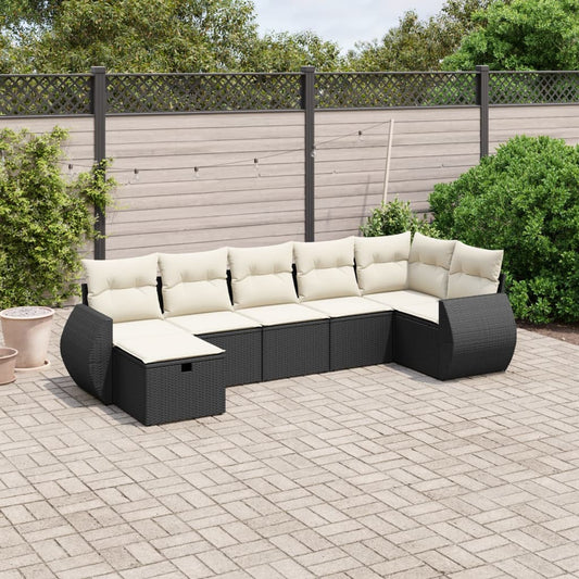 7-tlg. Garten-Sofagarnitur mit Kissen Schwarz Poly Rattan