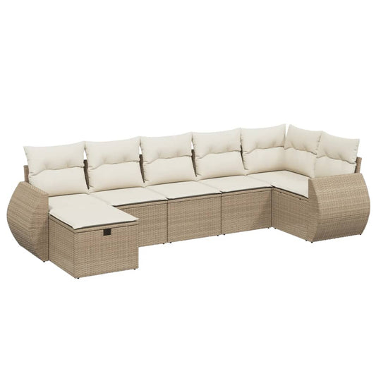 7-tlg. Garten-Sofagarnitur mit Kissen Beige Poly Rattan