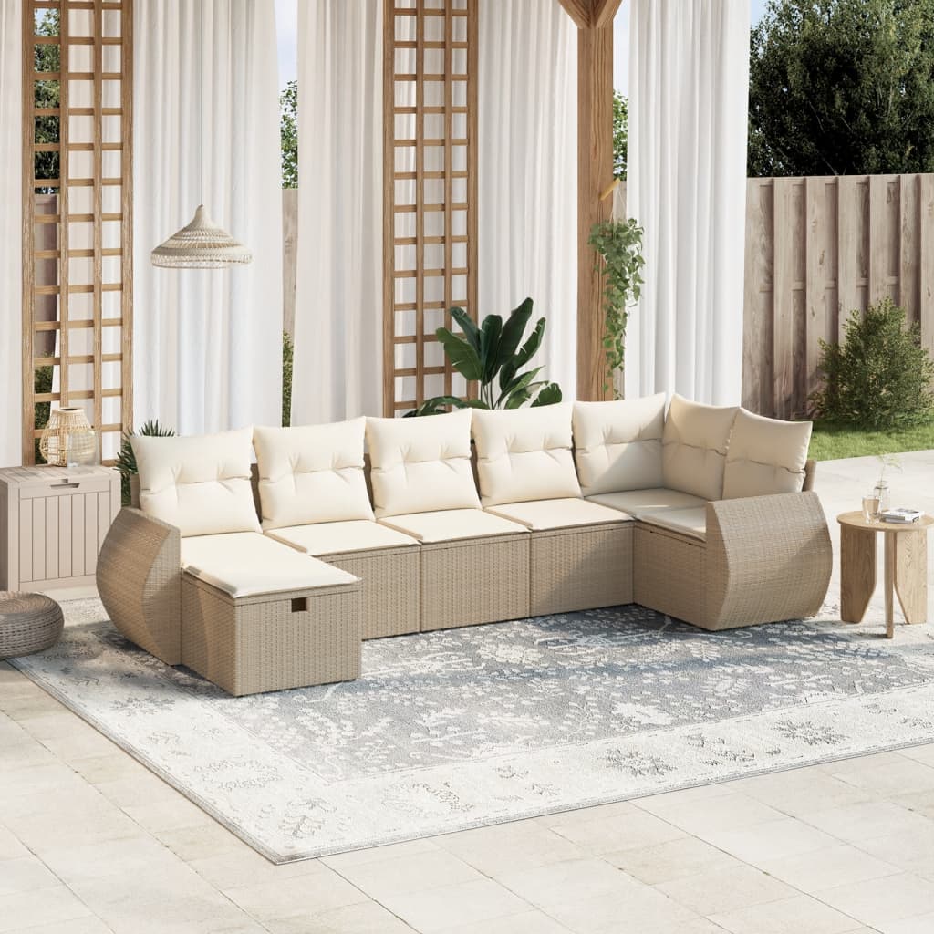 7-tlg. Garten-Sofagarnitur mit Kissen Beige Poly Rattan
