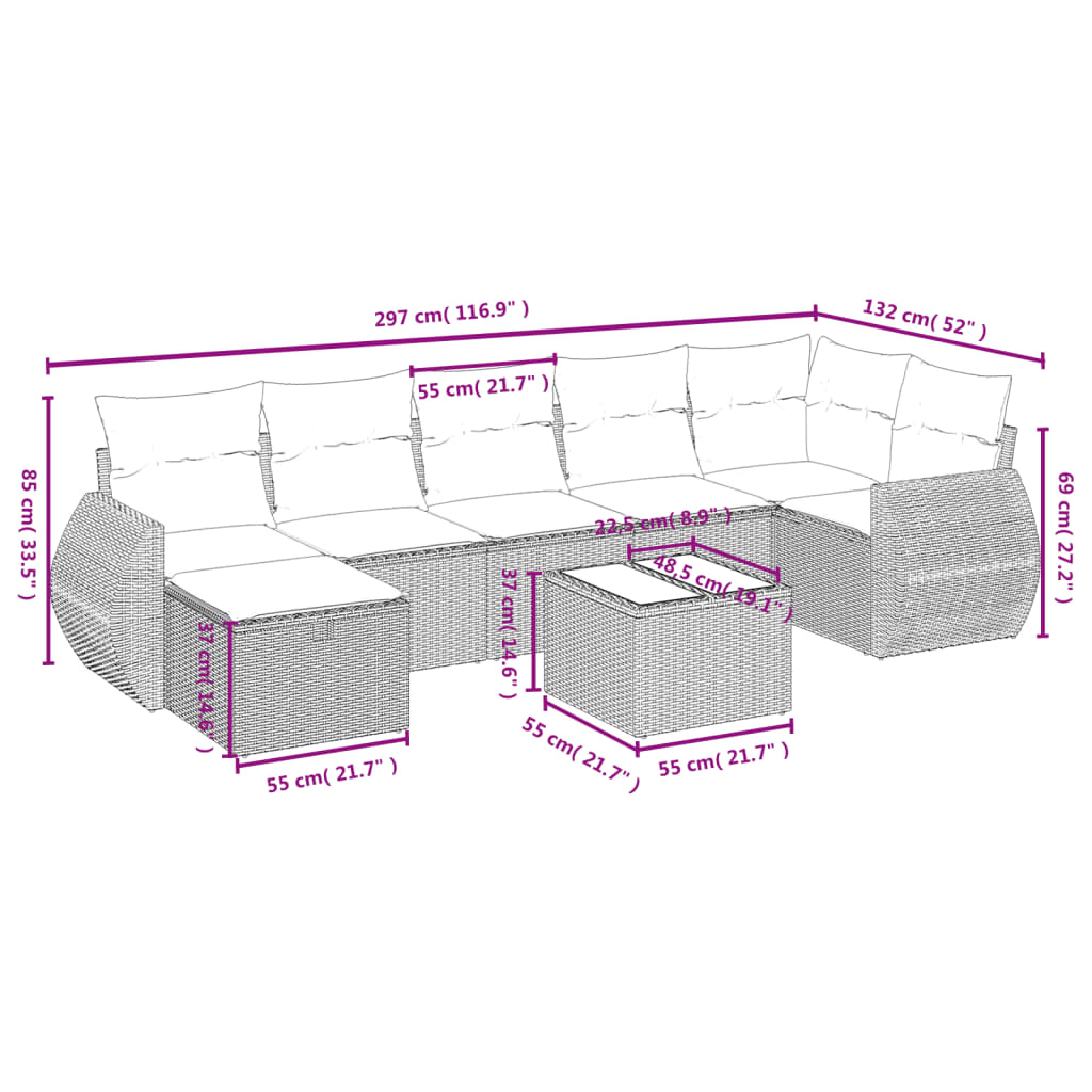 8-tlg. Garten-Sofagarnitur mit Kissen Grau Poly Rattan