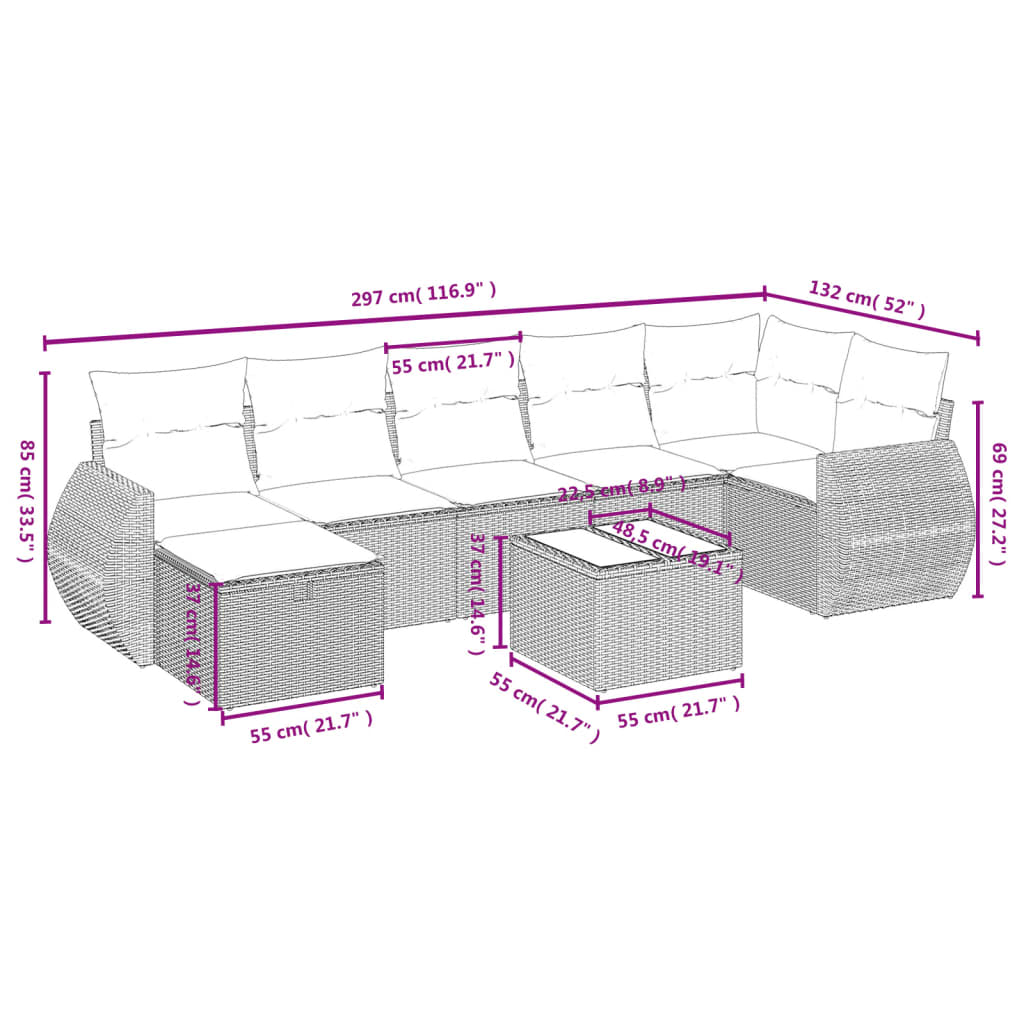 8-tlg. Garten-Sofagarnitur mit Kissen Braun Poly Rattan