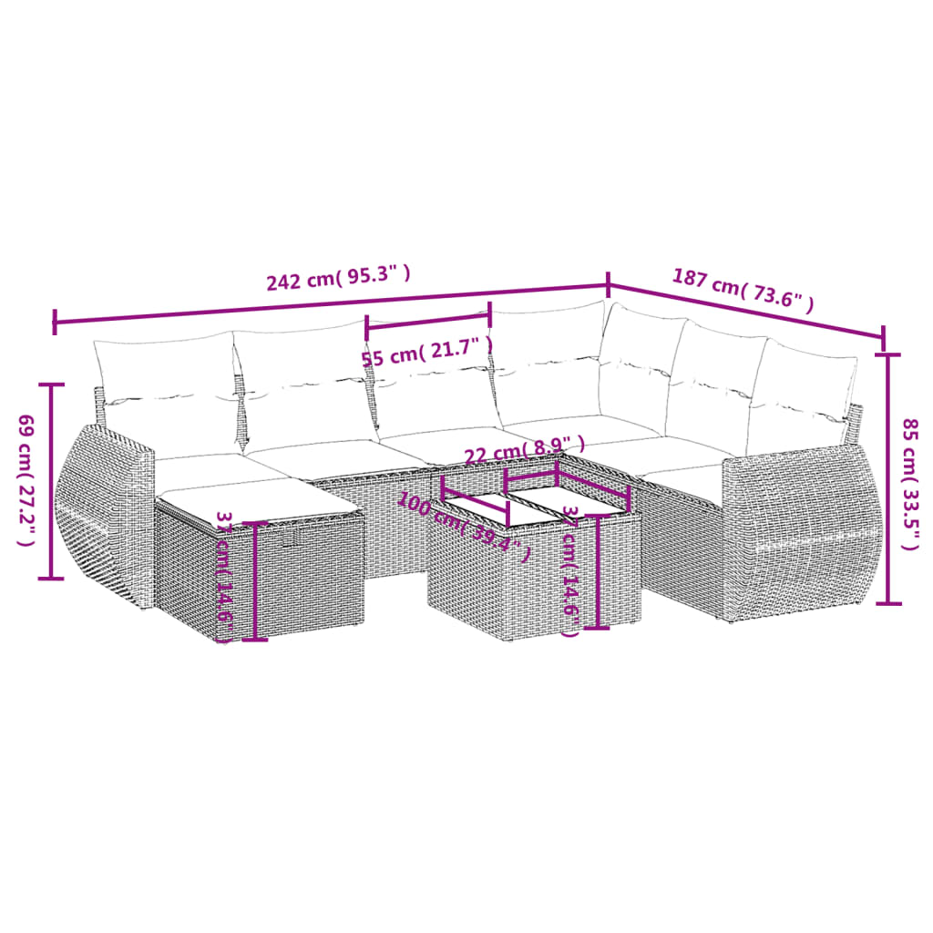8-tlg. Garten-Sofagarnitur mit Kissen Grau Poly Rattan