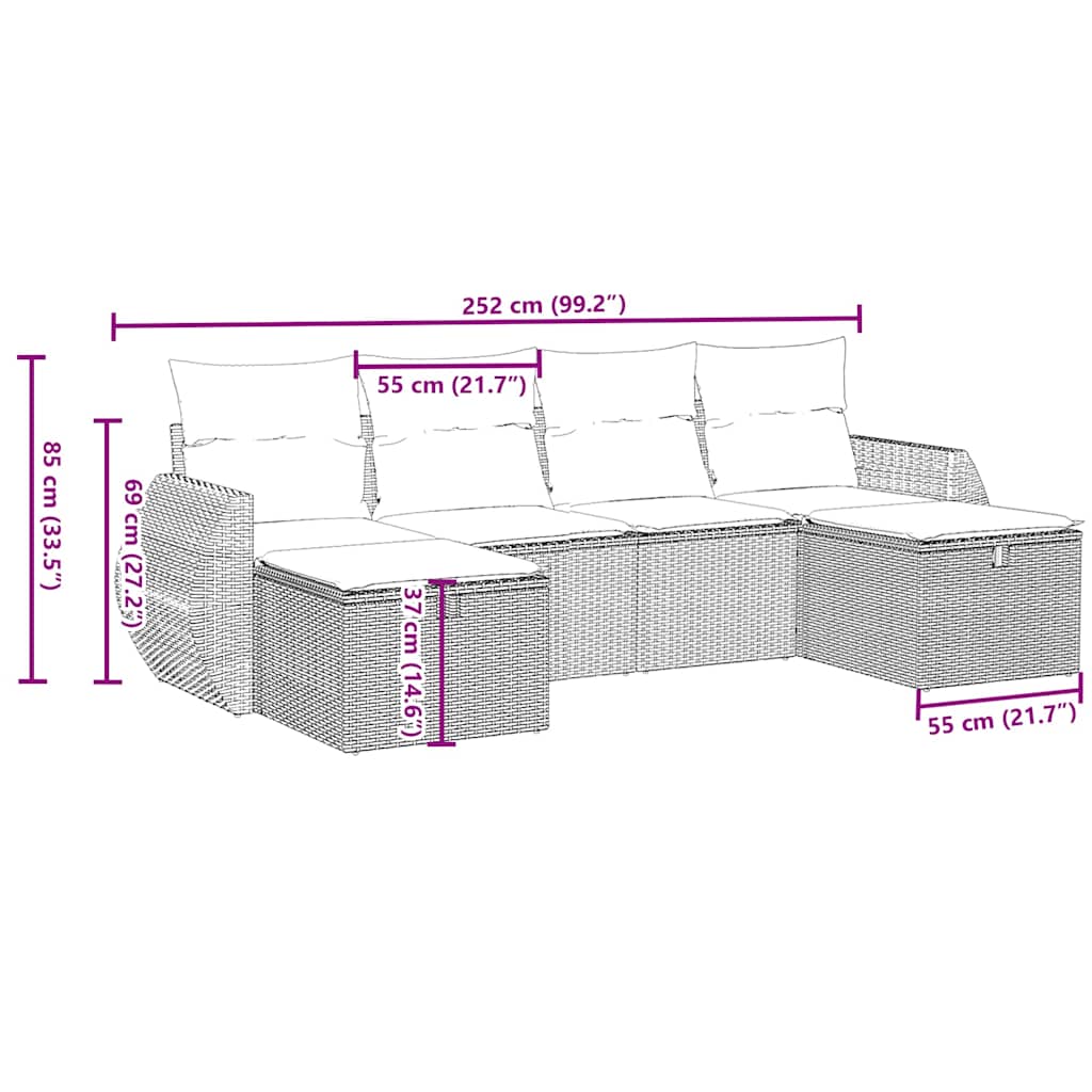 6-tlg. Garten-Sofagarnitur mit Kissen Hellgrau Poly Rattan
