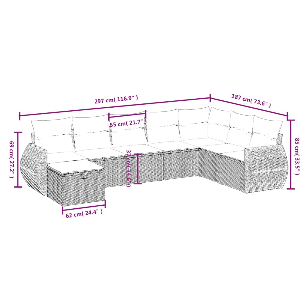 8-tlg. Garten-Sofagarnitur mit Kissen Braun Poly Rattan