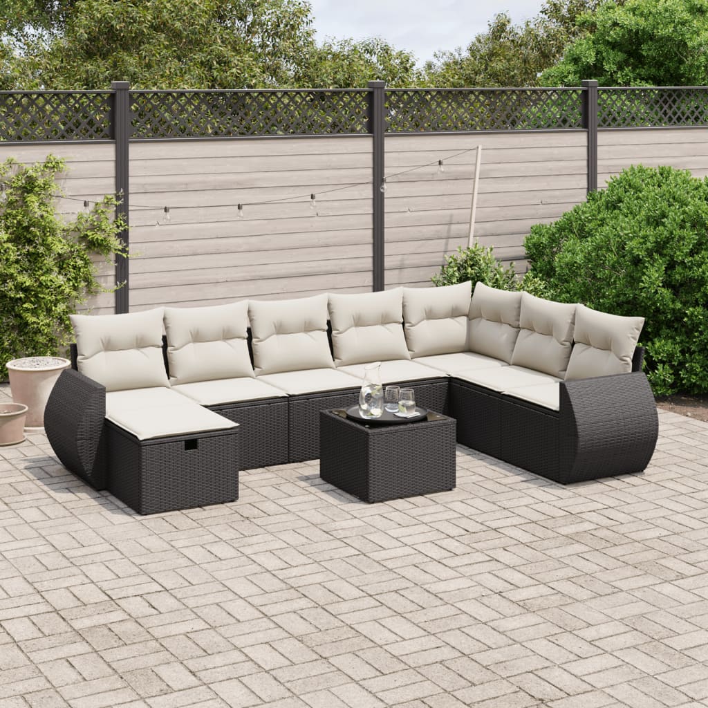 9-tlg. Garten-Sofagarnitur mit Kissen Schwarz Poly Rattan