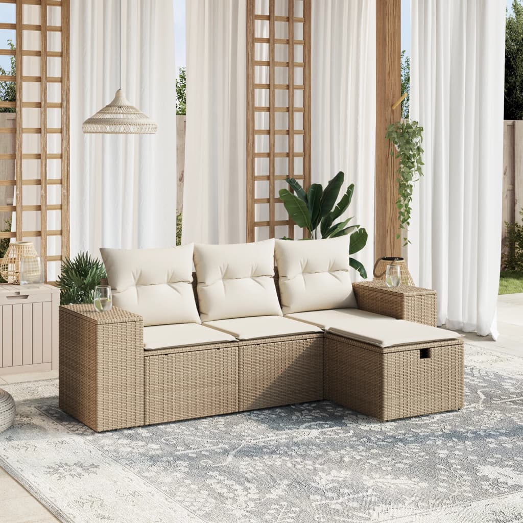 4-tlg. Garten-Sofagarnitur mit Kissen Beige Poly Rattan