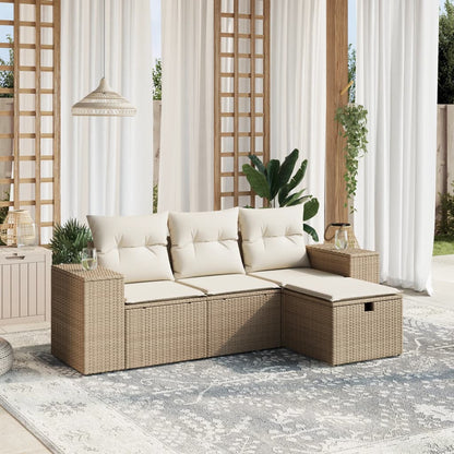 4-tlg. Garten-Sofagarnitur mit Kissen Beige Poly Rattan