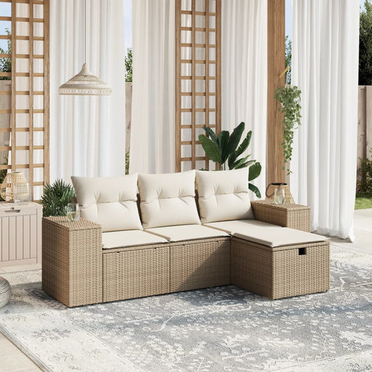 4-tlg. Garten-Sofagarnitur mit Kissen Beige Poly Rattan