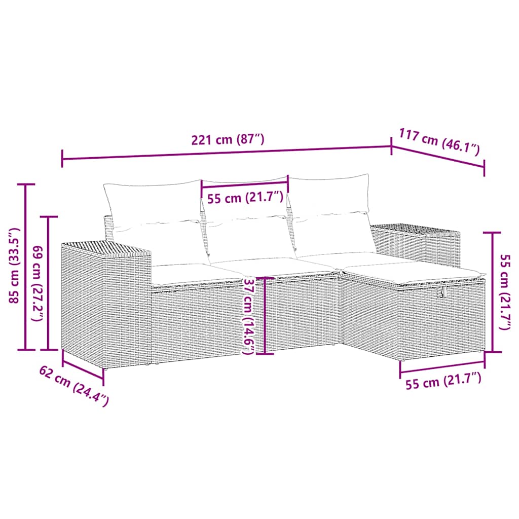 4-tlg. Garten-Sofagarnitur mit Kissen Hellgrau Poly Rattan