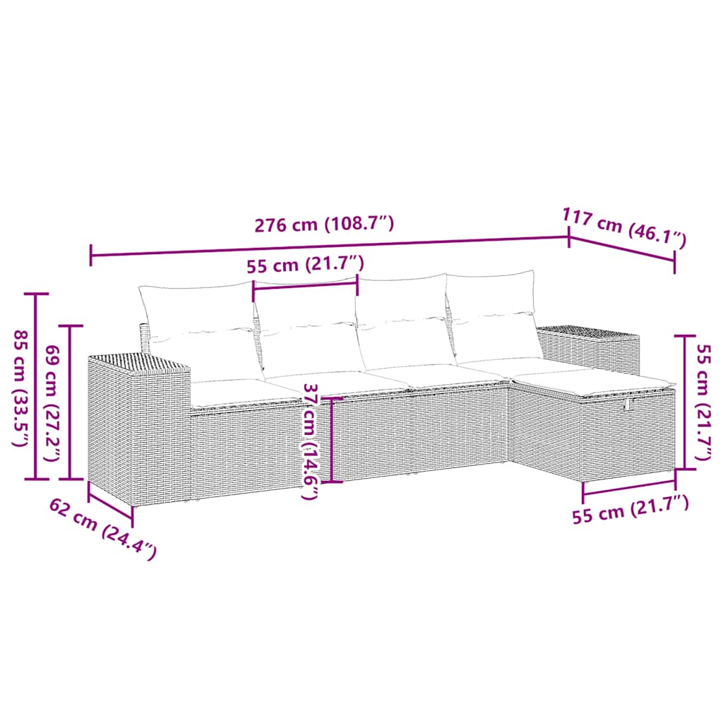 5-tlg. Garten-Sofagarnitur mit Kissen Hellgrau Poly Rattan