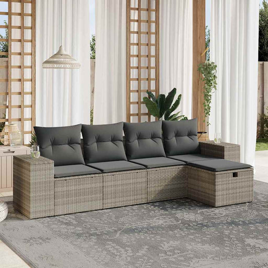 5-tlg. Garten-Sofagarnitur mit Kissen Hellgrau Poly Rattan