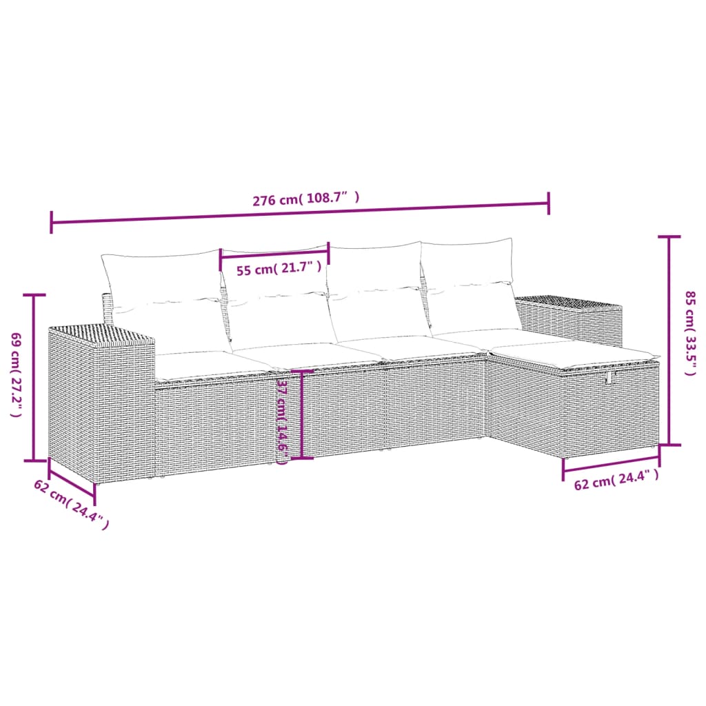 5-tlg. Garten-Sofagarnitur mit Kissen Braun Poly Rattan
