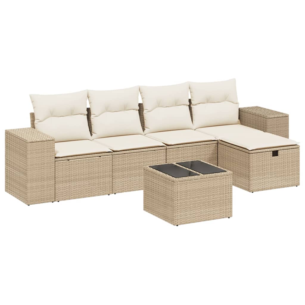 6-tlg. Garten-Sofagarnitur mit Kissen Beige Poly Rattan