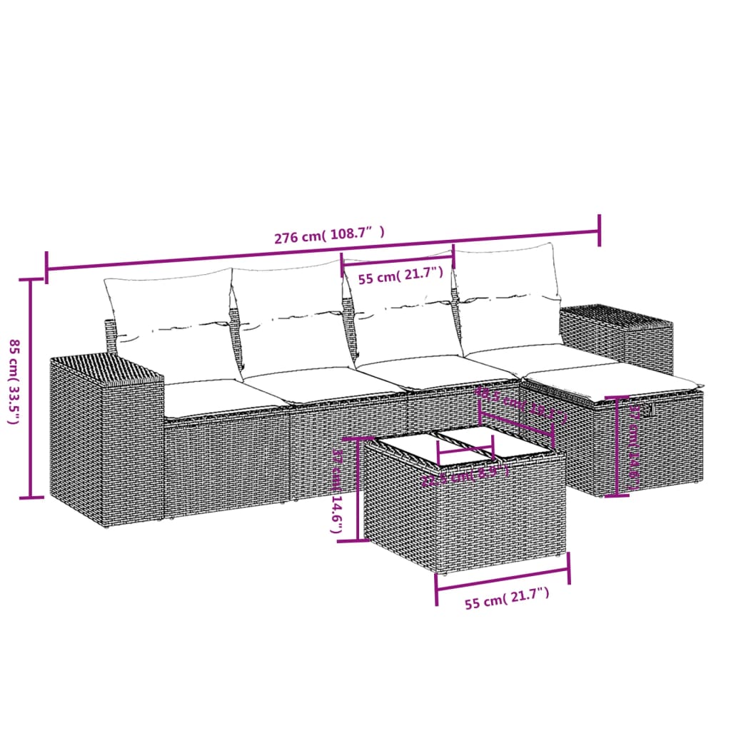 6-tlg. Garten-Sofagarnitur mit Kissen Braun Poly Rattan