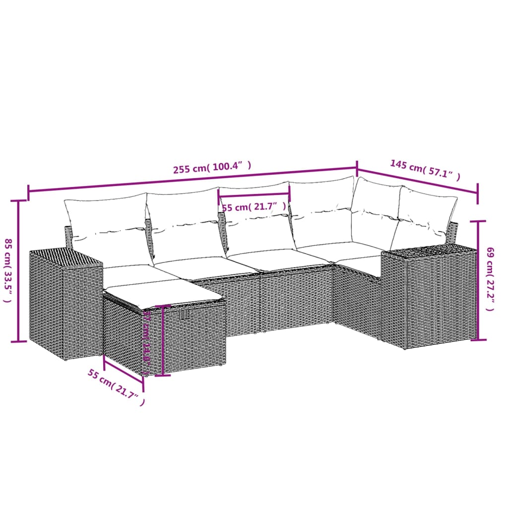 6-tlg. Garten-Sofagarnitur mit Kissen Braun Poly Rattan
