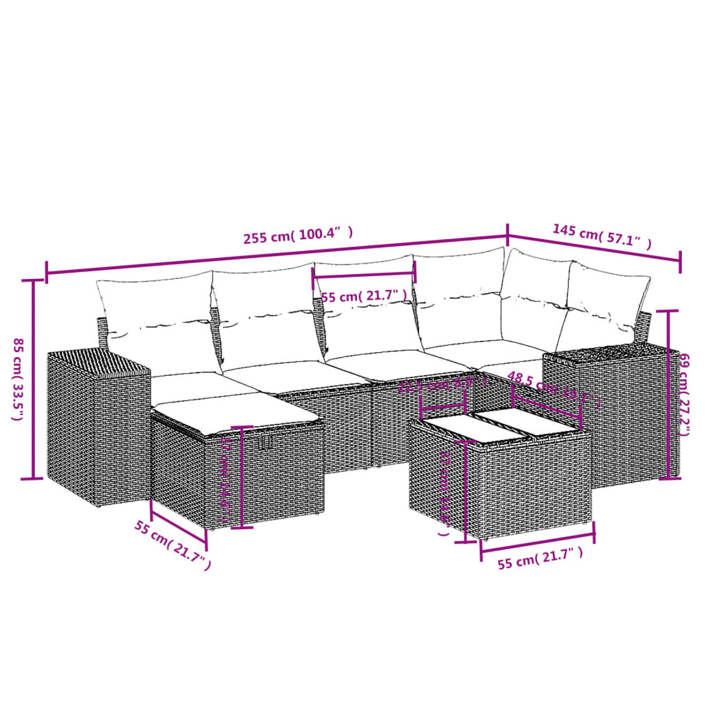 7-tlg. Garten-Sofagarnitur mit Kissen Braun Poly Rattan