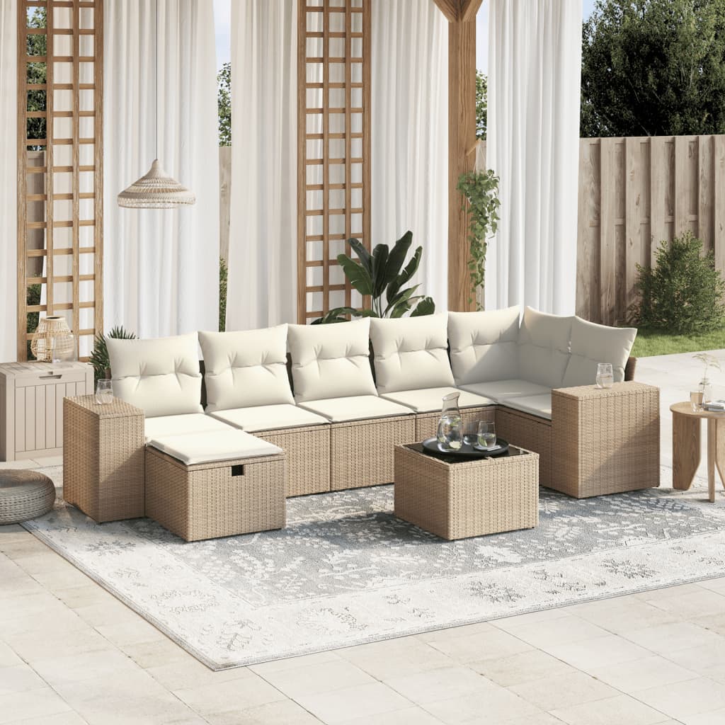8-tlg. Garten-Sofagarnitur mit Kissen Beige Poly Rattan