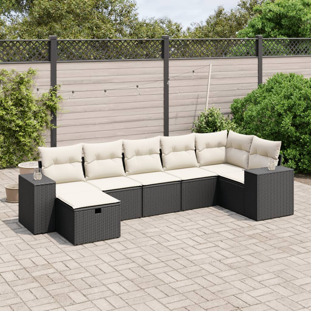 7-tlg. Garten-Sofagarnitur mit Kissen Schwarz Poly Rattan