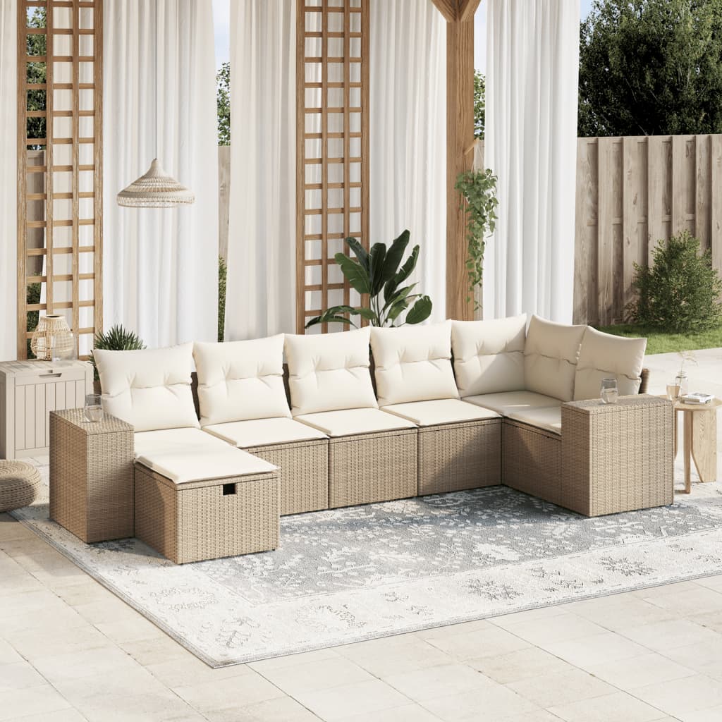 7-tlg. Garten-Sofagarnitur mit Kissen Beige Poly Rattan