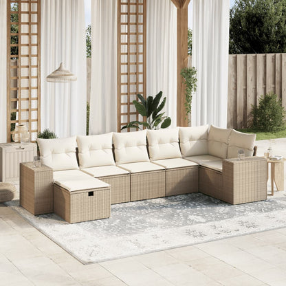7-tlg. Garten-Sofagarnitur mit Kissen Beige Poly Rattan