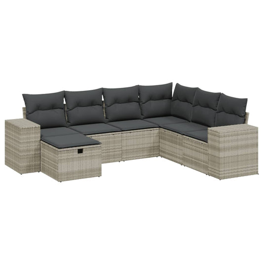 7-tlg. Garten-Sofagarnitur mit Kissen Hellgrau Poly Rattan