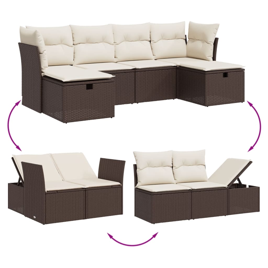 6-tlg. Garten-Sofagarnitur mit Kissen Braun Poly Rattan