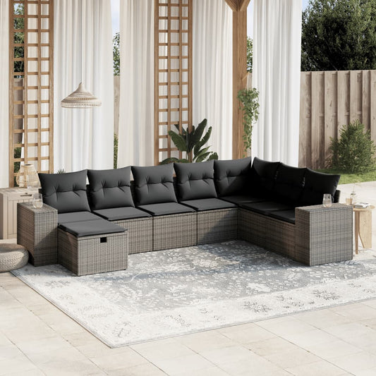 8-tlg. Garten-Sofagarnitur mit Kissen Grau Poly Rattan