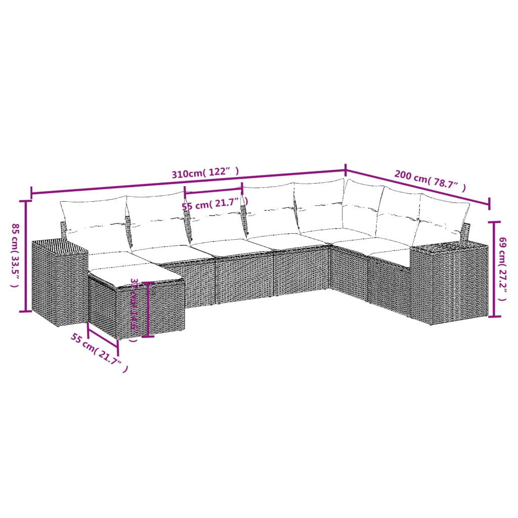 8-tlg. Garten-Sofagarnitur mit Kissen Braun Poly Rattan