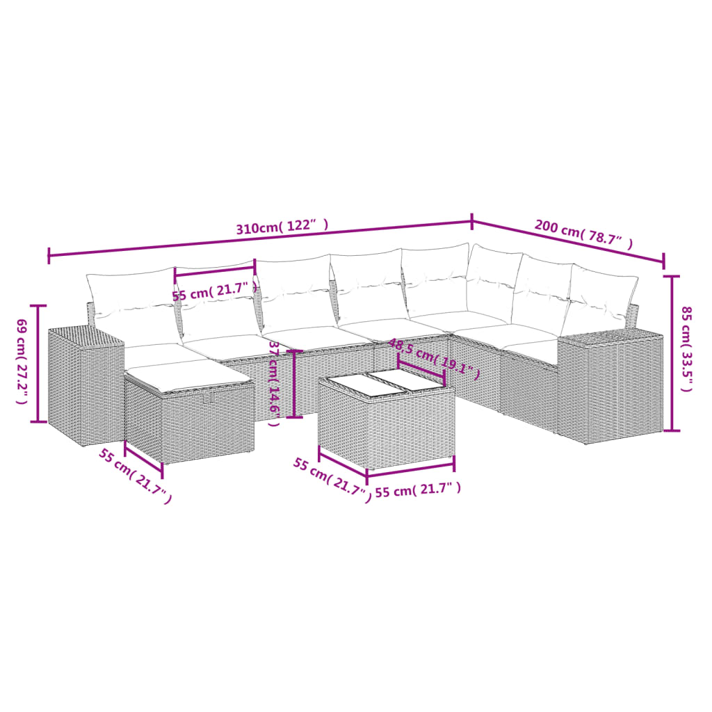 9-tlg. Garten-Sofagarnitur mit Kissen Beige Poly Rattan