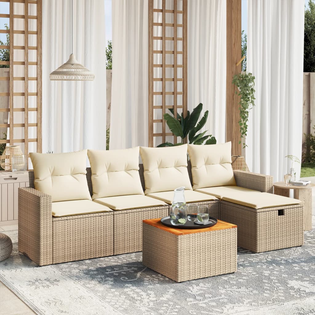 6-tlg. Garten-Sofagarnitur mit Kissen Beige Poly Rattan