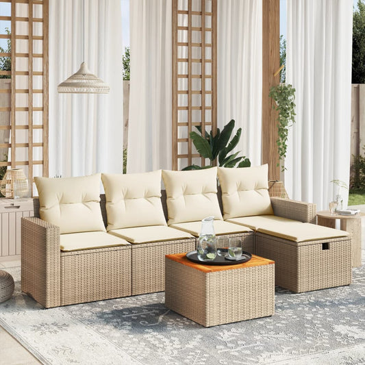 6-tlg. Garten-Sofagarnitur mit Kissen Beige Poly Rattan