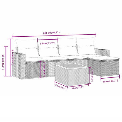 6-teiliges Gartensofa-Set mit Kissen, grau, Polyrattan