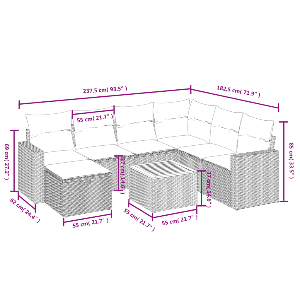 8-tlg. Garten-Sofagarnitur mit Kissen Schwarz Poly Rattan